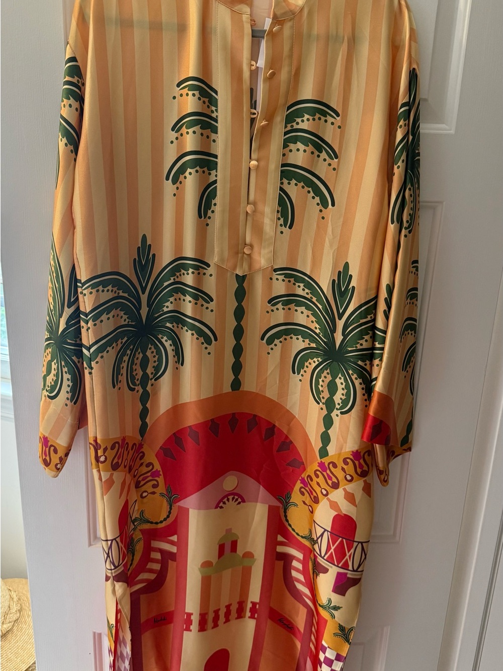 Cristiano Marcelo Tropical Palm Print Silk-Like Tunic in Yellow & Green NWT S